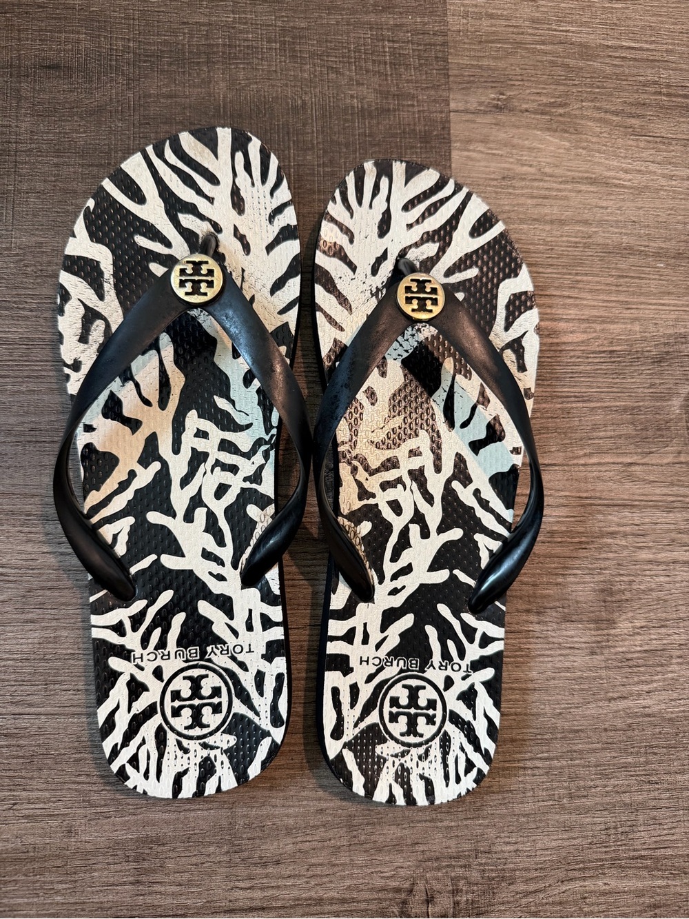 Tory Burch Black & White Zebra-Print Flip Flops with Gold Logo